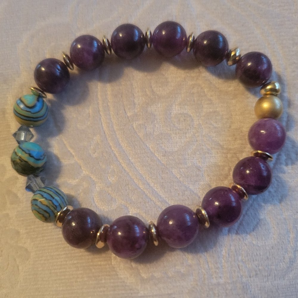 Stretch Amethyst Beaded Bracelet; Handmade Jewelry
